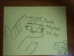 Size: 4160x3120 | Tagged: safe, artist:potatobug, spike, twilight sparkle, alicorn, pony, g4, abuse, adopted, high res, lined paper, smiling, spikeabuse, traditional art, twibitch sparkle, twilight sparkle (alicorn), you're adopted