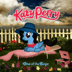 Size: 1000x1000 | Tagged: safe, artist:aldobronyjdc, pony, album, album cover, beach chair, chair, cover, fence, flower, hat, katy perry, katy pony, one of the boys, parody, ponified, ponified album cover, ponified celebrity, sitting, solo