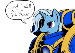 Size: 1600x1130 | Tagged: safe, artist:crimson, artist:darkhestur, edit, trixie, pony, unicorn, g4, ahzek ahriman, armor, crossover, female, mare, power armor, powered exoskeleton, simple background, solo, speech bubble, this will end in tears, thousand sons, transparent background, vector, warhammer (game), warhammer 40k