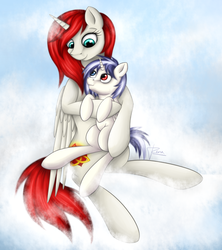 Size: 1600x1800 | Tagged: safe, oc, oc only, oc:cori, oc:safey, alicorn, pony, alicorn oc, cloud, colt, cuddling, cute, female, looking at each other, male, mare, mother and son, snuggling, triquetra
