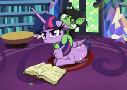 Size: 2984x2121 | Tagged: safe, artist:bigshot232, twilight sparkle, oc, oc:filly anon, alicorn, pony, g4, >:3, biting, both cutie marks, ear bite, female, filly, high res, library, mare, playing, pouting, prone, twilight sparkle (alicorn)