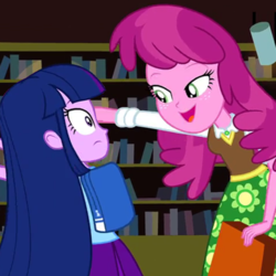Size: 480x480 | Tagged: safe, screencap, cheerilee, twilight sparkle, equestria girls, g4, my little pony equestria girls, cropped, duo, female, lidded eyes, open mouth, out of context, wide eyes