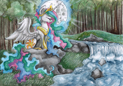 Size: 3421x2398 | Tagged: safe, artist:lunar-white-wolf, princess celestia, g4, female, high res, mare in the moon, moon, river, scenery, sitting, solo, waterfall