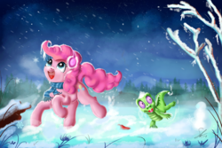 Size: 3000x2000 | Tagged: safe, artist:shogundun, gummy, pinkie pie, alligator, earth pony, pony, g4, clothes, high res, log, looking up, night, open mouth, scarf, scenery, signature, snow, tree