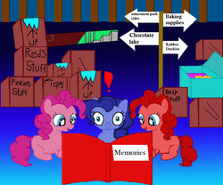 Size: 1200x1000 | Tagged: source needed, useless source url, safe, artist:tabtoons, oc, oc only, oc:blueberry pie, oc:cherry pie, oc:raspberry pie, book, box, cute, exclamation point, looking at you, offspring, parent:cheese sandwich, parent:pinkie pie, parents:cheesepie, sign, tri pie triplets, triplets