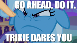 Size: 1200x675 | Tagged: safe, edit, edited screencap, screencap, trixie, pony, unicorn, g4, to where and back again, angry, dare, female, finger, floppy ears, frown, glare, image macro, imminent boop, mare, meme, unamused
