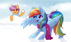 Size: 5338x3205 | Tagged: safe, artist:confetticakez, rainbow dash, scootaloo, pegasus, pony, g4, absurd resolution, clothes, cute, cutealoo, dashabetes, duo, one eye closed, open mouth, playing, pumkinroll is trying to murder us, scarf, scootalove, smiling, snow, snowball, snowball fight, snowfall, winter