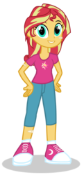 Size: 1445x2974 | Tagged: dead source, safe, artist:drewmwhit, sunset shimmer, equestria girls, g4, bandage, clothes, cute, female, looking at you, pants, shimmerbetes, shirt, simple background, solo, transparent background, vector, younger