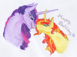 Size: 2805x2079 | Tagged: safe, artist:dawn22eagle, sunset shimmer, twilight sparkle, alicorn, pony, unicorn, g4, duo, female, happy birthday, high res, lesbian, looking at each other, ship:sunsetsparkle, shipping, simple background, traditional art, twilight sparkle (alicorn)