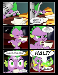 Size: 1275x1650 | Tagged: safe, artist:dsana, spike, pony, comic:to look after, g4, bloodshot eyes, cake, coffee, comic, food, green fire, long tongue, royal guard, tongue out