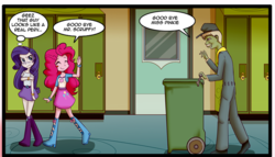 Size: 1035x591 | Tagged: safe, artist:anibaruthecat, pinkie pie, rarity, equestria girls, g4, boots, bracelet, clothes, cropped, door, explicit source, hallway, high heel boots, jewelry, lockers, pervert, raised leg, scruffy, skirt, trash can
