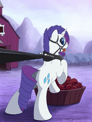 Size: 1500x2000 | Tagged: safe, artist:fynjy-87, rarity, pony, unicorn, g4, barn, basket, bit, bondage, bridle, dock, female, fetish, horse collar, looking back, rearing, reins, solo, sweet apple acres, tack, tongue out