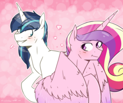 Size: 3000x2500 | Tagged: safe, artist:lrusu, princess cadance, shining armor, g4, aside glance, blushing, grin, heart, high res, male, ship:shiningcadance, shipping, smiling, straight