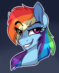 Size: 409x509 | Tagged: safe, artist:saphi-boo, rainbow dash, g4, bust, female, lidded eyes, portrait, raised eyebrow, simple background, smiling, smirk, solo