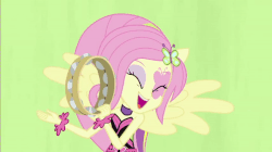 Size: 600x337 | Tagged: safe, screencap, fluttershy, equestria girls, g4, my little pony equestria girls: rainbow rocks, animated, cute, female, gif, musical instrument, ponied up, shyabetes, solo, tambourine