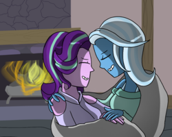 Size: 1000x800 | Tagged: safe, artist:doodledonut, starlight glimmer, trixie, equestria girls, g4, blanket, duo, equestria girls-ified, eyes closed, female, fireplace, hug, indoors, lesbian, ship:startrix, shipping, smiling