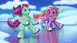 Size: 1920x1080 | Tagged: safe, artist:anscathmarcach, loop-de-la, twinkle twirl, earth pony, pony, g3, 2017, bipedal, christmas, cloud, duo, duo female, female, ice, ice skates, ice skating, open mouth, open smile, skates, sky, smiling, snow, tree, winter