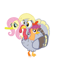 Size: 1723x1759 | Tagged: source needed, useless source url, safe, artist:theunknowenone1, derpy hooves, fluttershy, scootaloo, chicken, duck, pegasus, pony, turkey, g4, abuse, female, flutterbuse, flutterduck, fusion, mare, meme, multiple heads, scootabuse, scootachicken, scootaloo is not amused, three heads, turducken, unamused, we have become one