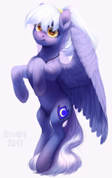 Size: 1700x2700 | Tagged: safe, artist:pessadie, oc, oc only, oc:midnight blue, pegasus, pony, blue coat, female, jewelry, looking at you, mare, necklace, not cloudchaser, partially open wings, pegasus oc, rearing, simple background, solo, tail, white background, white mane, white tail, wings