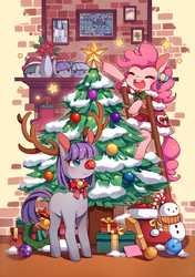 Size: 850x1205 | Tagged: safe, artist:huaineko, limestone pie, marble pie, maud pie, pinkie pie, g4, antlers, christmas, christmas tree, chubbie, clothes, cute, decoration, diapinkes, maudabetes, missing cutie mark, pixiv, red nose, reindeer antlers, scarf, smiling, snowman, tree, when she smiles