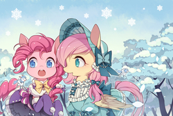 Size: 850x570 | Tagged: safe, artist:huaineko, fluttershy, pinkie pie, oc, g4, bundled up for winter, clothes, colored, dress, frilly dress, hat, pixiv, snow, winter, winter outfit