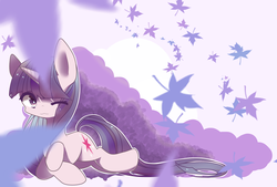 Size: 1748x1181 | Tagged: safe, artist:alus, twilight sparkle, pony, unicorn, g4, abstract background, female, leaves, lying down, mare, one eye closed, pixiv, solo