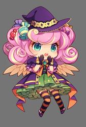 Size: 809x1200 | Tagged: safe, artist:huaineko, fluttershy, human, g4, candy, clothes, female, food, halloween, humanized, pixiv, socks, solo, stockings, striped socks, thigh highs, winged humanization, wings, witch