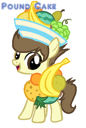 Size: 269x399 | Tagged: safe, artist:shera5, pound cake, g4, the cutie mark chronicles, bowl, colt, cute, fruit, fruit bowl, fruit hat, hat, looking at you, male, older, simple background, smiling, solo, white background