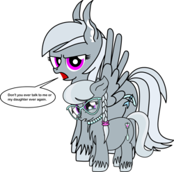 Size: 4544x4507 | Tagged: safe, artist:dinkyuniverse, silver spoon, silverspeed, earth pony, pegasus, pony, g4, absurd resolution, chest fluff, crying, dialogue, don't talk to me or my son ever again, duo, ear fluff, female, mama silverspeed, meme, mother and daughter, sad, simple background, transparent background, unshorn fetlocks