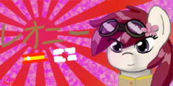 Size: 1280x640 | Tagged: safe, artist:pzrauser, oc, oc only, oc:leonie, earth pony, pony, clothes, female, flag, flower, flower in hair, goggles, japan, nazipone, red hair, solo, sun, sunburst background, text, uniform
