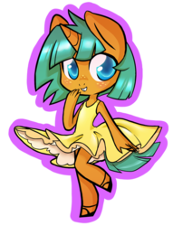 Size: 458x600 | Tagged: safe, artist:dinkelion, snails, anthro, g4, chibi, clothes, crossdressing, cute, dress, glitter shell, shoes, simple background, solo, transparent background