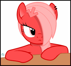 Size: 800x747 | Tagged: safe, artist:arifproject, derpibooru exclusive, edit, oc, oc only, oc:downvote, pony, derpibooru, g4, animated, blinking, derpibooru ponified, ear piercing, gif, hair over one eye, meta, piercing, ponified, simple background, solo, table, vector, white background