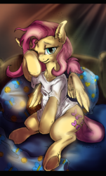 Size: 1781x2949 | Tagged: safe, artist:kredke, artist:moonboomboom, fluttershy, pegasus, pony, g4, bed, bed hair, bed mane, chest fluff, clothes, crepuscular rays, cute, ear fluff, female, lidded eyes, looking at you, messy mane, morning ponies, one eye closed, partially open wings, shirt, shyabetes, sitting, smiling, solo, t-shirt, underhoof, wings
