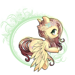 Size: 560x560 | Tagged: safe, artist:alus, fluttershy, pegasus, pony, g4, female, floral head wreath, flower, flower in hair, looking at you, mare, pixiv, solo, spread wings