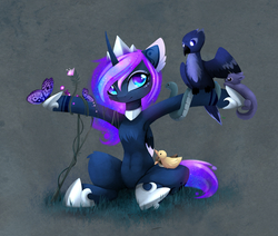 Size: 3179x2702 | Tagged: safe, artist:magnaluna, princess luna, alicorn, bird, butterfly, duck, pony, snake, semi-anthro, g4, abstract background, animal, armpits, beautiful, colored pupils, curved horn, cute, dark background, eyeshadow, female, floppy ears, flower, fluffy, galaxy mane, high res, horn, jewelry, looking at you, lunabetes, makeup, mare, outstretched arms, sitting, smiling, solo