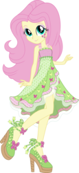 Size: 5523x12048 | Tagged: safe, artist:sugar-loop, fluttershy, equestria girls, g4, my little pony equestria girls: legend of everfree, .ai available, .svg available, absurd resolution, alternative cutie mark placement, bare shoulders, boho, camp fashion show outfit, clothes, dress, female, high heels, raised leg, simple background, sleeveless, smiling, solo, transparent background, vector