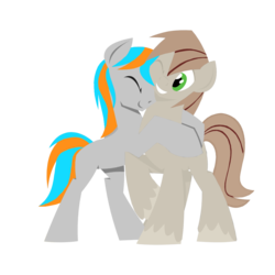 Size: 1024x1024 | Tagged: safe, artist:camelol, artist:hoverrover, edit, oc, oc only, oc:blazing bullet, oc:camelol, earth pony, pony, colored, cute, gay, hooves, hug, lineless, love, male, not done, one eye closed, recolor, simple background, smiling, stallion, teeth, transparent background, wip