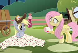 Size: 2835x1929 | Tagged: safe, artist:shutterflyeqd, derpy hooves, fluttershy, pegasus, pony, g4, blushing, duo, female, fluttershy's cottage, hat, love letter, mail, mailmare, mare, scrunchy face