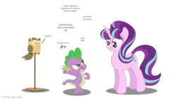 Size: 1024x576 | Tagged: safe, artist:greycat-rademenes, owlowiscious, spike, starlight glimmer, pony, g4, dialogue, looking at each other, open mouth, pointing, simple background, speech bubble, transparent background, wavy mouth