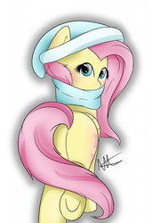 Size: 873x1280 | Tagged: safe, artist:sugarwings-art, fluttershy, g4, butt, clothes, cute, female, hat, looking at you, looking back, looking back at you, plot, rear view, scarf, shyabetes, solo, underhoof