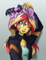 Size: 1400x1800 | Tagged: safe, artist:buttersprinkle, sunset shimmer, twilight sparkle, alicorn, human, pony, equestria girls, g4, crashlight, cute, duo, floppy ears, gradient background, hat, looking up, micro, one eye closed, open mouth, ponies riding humans, pony hat, redone, riding, sheepish grin, shimmerbetes, size difference, tiny ponies, twiabetes, twilight riding sunset shimmer, twilight sparkle (alicorn)