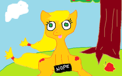 Size: 704x443 | Tagged: artist needed, source needed, safe, applejack, g4, 1000 hours in ms paint, apple, censor bar, censored, female, food, ms paint, nope, solo, tongue out, tree