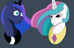 Size: 2000x1300 | Tagged: safe, artist:gusty glade, princess celestia, princess luna, g4, bust, disappointed, jewelry, regalia, royal sisters, shocked