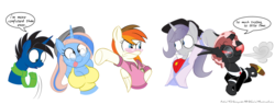 Size: 4200x1600 | Tagged: safe, artist:greycat-rademenes, oc, oc only, oc:postscript, oc:rose pal, changeling, pegasus, pony, unicorn, anthro, semi-anthro, arm hooves, bipedal, breasts, changeling oc, chestbreasts, clothes, dialogue, glasses, high res, monocle, red changeling, scarf, shirt, silly, silly face, silly pony, simple background, smoking, tongue out, white background