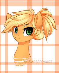 Size: 1280x1575 | Tagged: safe, artist:sugarberry, applejack, earth pony, pony, g4, abstract background, alternate hairstyle, bust, colored pupils, cute, female, freckles, jackabetes, looking at you, missing accessory, plaid, ponytail, portrait, smiling, solo