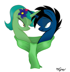 Size: 1155x1200 | Tagged: safe, artist:greycat-rademenes, oc, oc only, pony, bust, clothes, duo, flower, flower in hair, male, oc x oc, scarf, shared clothing, shared scarf, shipping, simple background, straight, transparent background