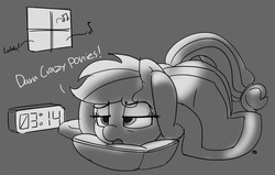 Size: 1280x812 | Tagged: safe, artist:pabbley, applejack, g4, alarm clock, annoyed, clock, female, grayscale, monochrome, solo, tired