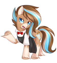 Size: 3000x3337 | Tagged: safe, artist:askbubblelee, oc, oc only, oc:milkshake soggy, earth pony, pony, apron, blue eyes, bowtie, clothes, female, freckles, high res, lidded eyes, looking at you, mare, multicolored hair, open mouth, raised eyebrow, raised hoof, shirt, simple background, smiling, solo, transparent background, underhoof, unshorn fetlocks, white shirt