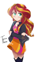 Size: 1074x1737 | Tagged: safe, artist:tanianoemi, sunset shimmer, equestria girls, g4, anime, boots, clothes, crossed arms, cute, female, human coloration, jacket, leather jacket, simple background, skirt, skirt lift, solo, transparent background
