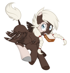 Size: 2940x3024 | Tagged: safe, artist:askbubblelee, oc, oc only, oc:fluffernutter, pegasus, pony, blank flank, braid, bread, food, high res, looking at you, male, mouth hold, pigtails, raised hoof, sandwich, simple background, solo, stallion, transparent background, white hair